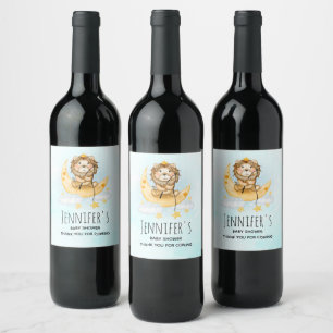 Cute Lion Fishing on the Moon Baby Shower Wine Label