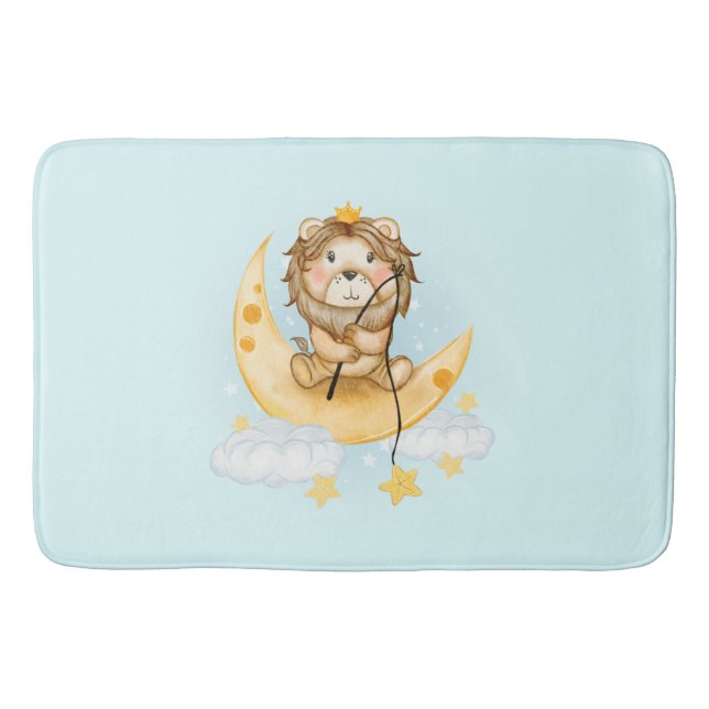 Cute Lion Fishing on the Moon Watercolor Bath Mat (Front)