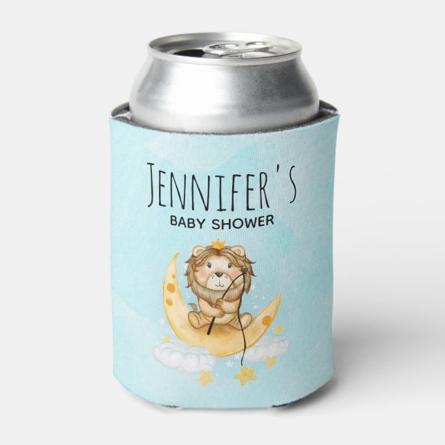 Cute Lion Fishing on the Moon Watercolor Can Cooler (Can Front)