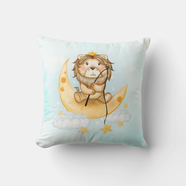 Cute Lion Fishing on the Moon Watercolor Cushion (Front)