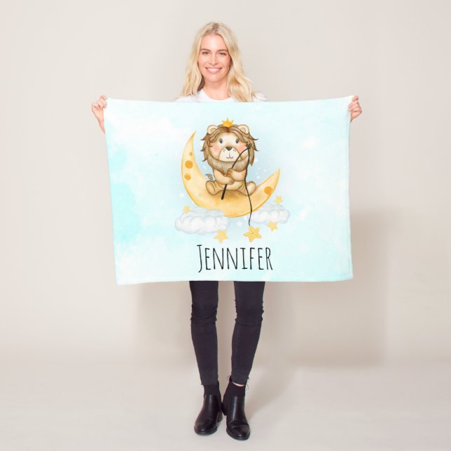 Cute Lion Fishing on the Moon Watercolor Fleece Blanket (In Situ)