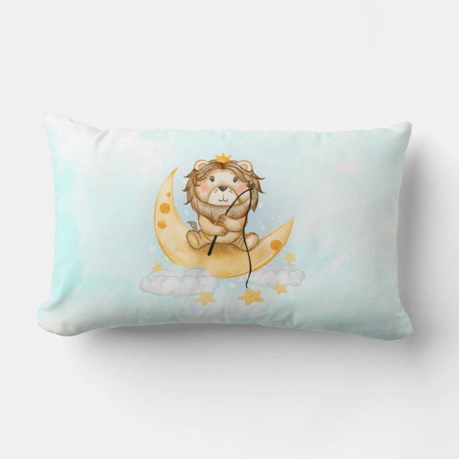 Cute Lion Fishing on the Moon Watercolor Lumbar Cushion (Front)