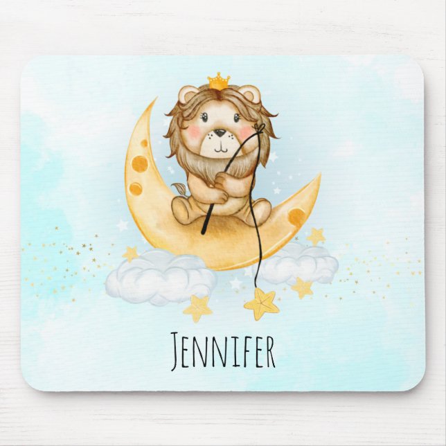 Cute Lion Fishing on the Moon Watercolor Mouse Mat (Front)