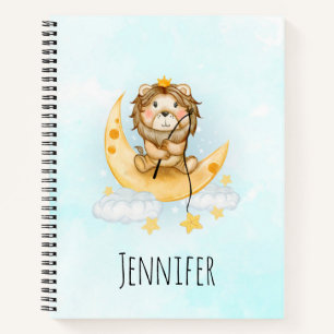 Cute Lion Fishing on the Moon Watercolor Notebook