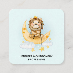 Cute Lion Fishing on the Moon Watercolor Square Business Card