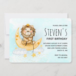 Cute Lion Fishing Watercolor Birthday Invitation