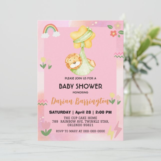 Cute lion Flower balloon baby shower party Invitation (Standing Front)