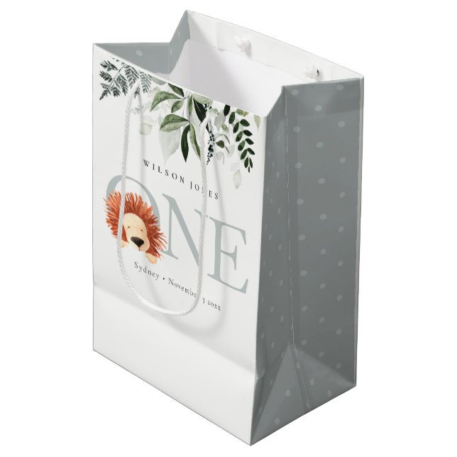Cute Lion Foliage 1st First Birthday Party Medium Gift Bag (Front Angled)