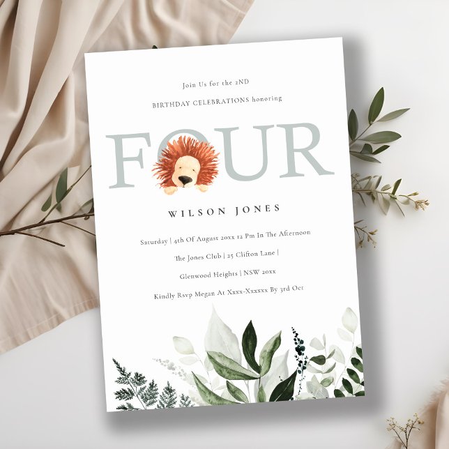 Cute Lion Foliage 4th Fourth Birthday Party Invite (Creator Uploaded)