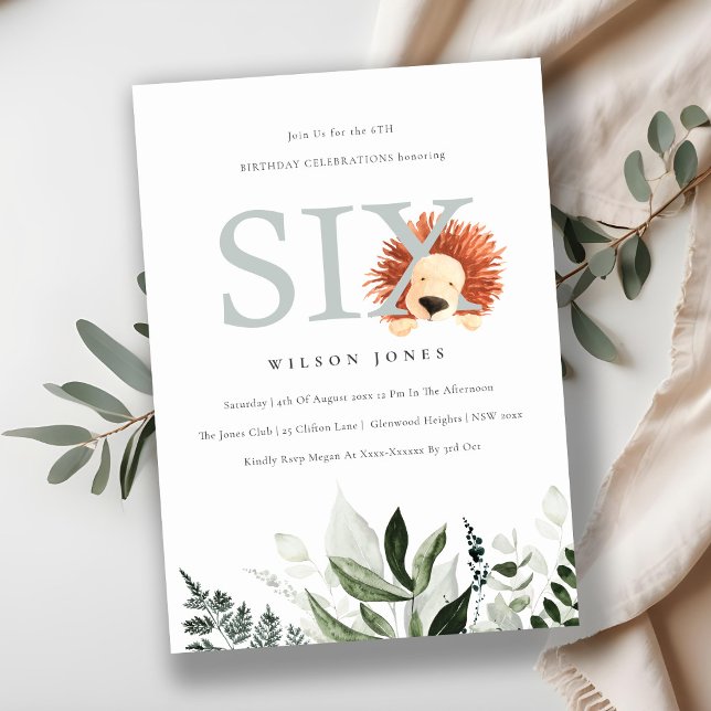 Cute Lion Foliage 6th Sixth Birthday Party Invite (Creator Uploaded)