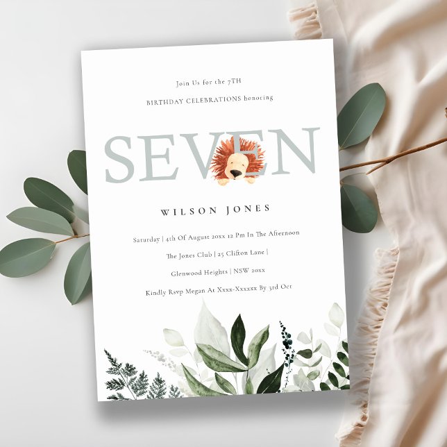Cute Lion Foliage 7th Seven Birthday Party Invite (Creator Uploaded)