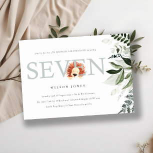 Cute Lion Foliage 7th Seven Birthday Party Invite