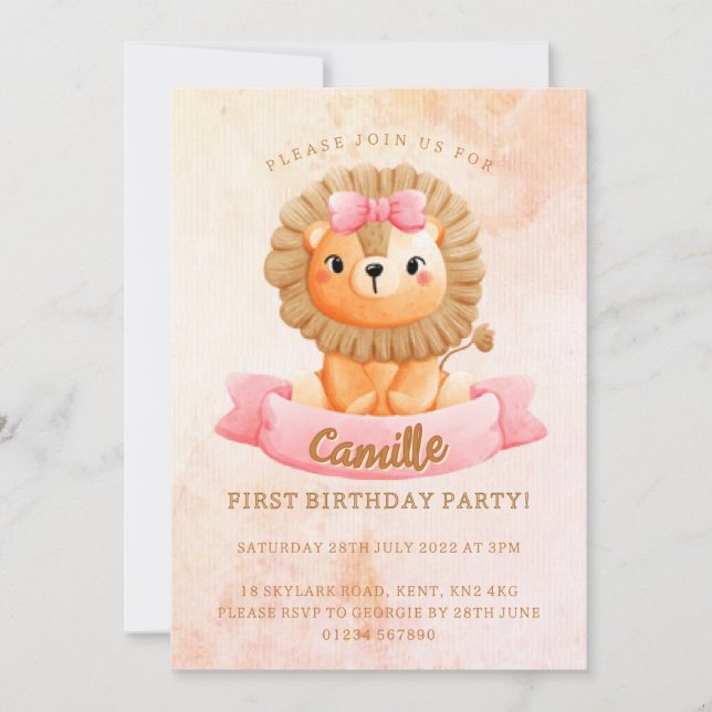 Cute Lion girl Birthday Invitation (Front)