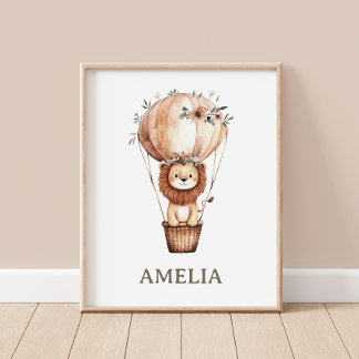 Cute Lion Hot Air Balloon Boho Baby Nursery Wall Poster