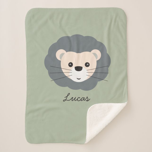 Cute Lion Illustration Sage Green Custom Baby Sherpa Blanket (Front)