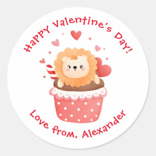 Cute Lion in Cupcake Custom Kids Valentine's Day Classic Round Sticker