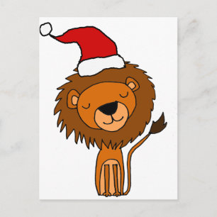 Cute Lion in Santa Hat Christmas Cartoon Holiday Postcard