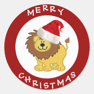 Cute Lion in Santa Hat Red Christmas Stickers