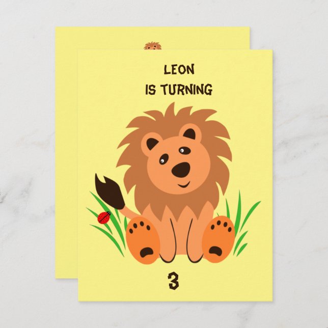 Cute lion in the grass with ladybug, kids birthday invitation (Front/Back)