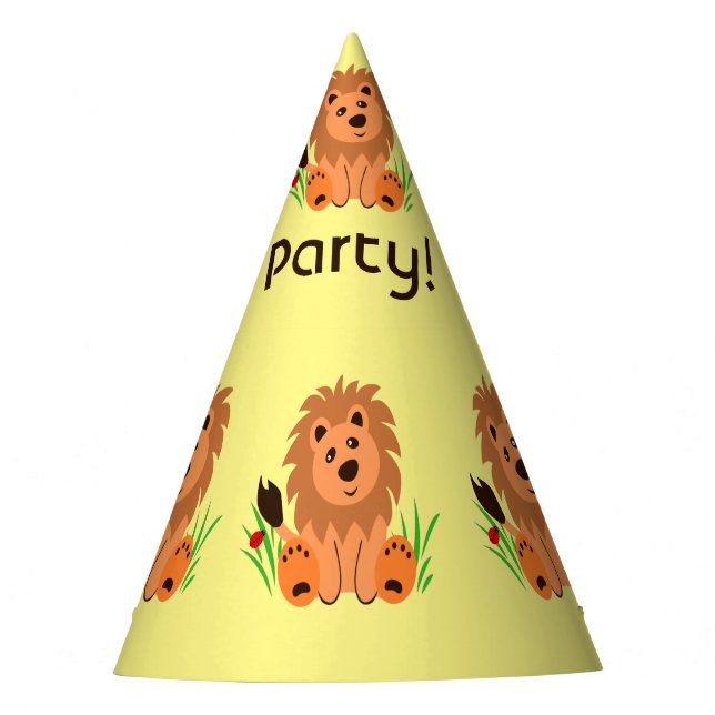 Cute lion in the grass with ladybug, kids birthday party hat (Front)