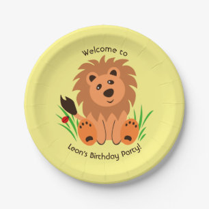 Cute lion in the grass with ladybug Paper Plate