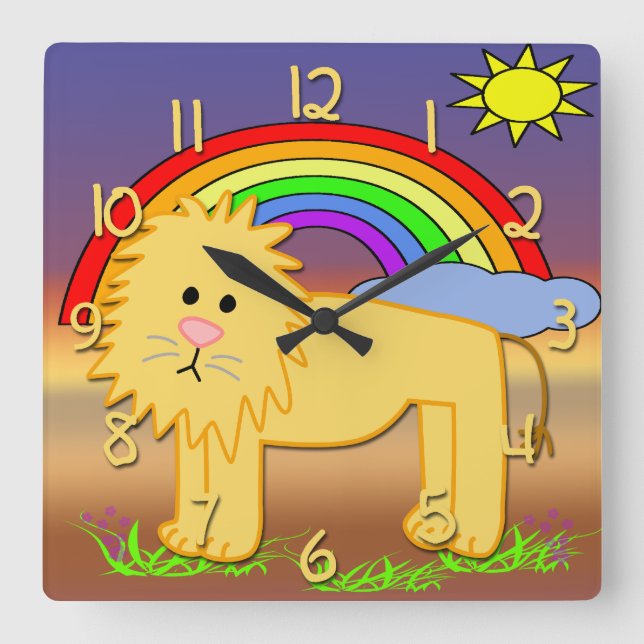 Cute Lion Kid's Square Wall Clock (Front)