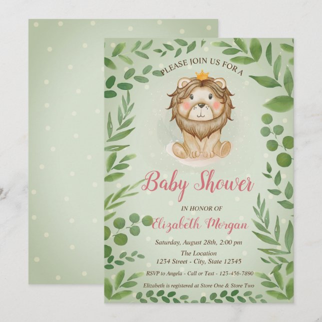 Cute Lion Leaves, Blue Dots Baby Shower Invitation (Front/Back)