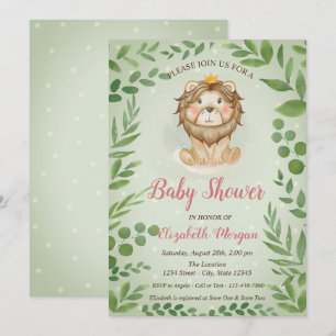 Cute Lion Leaves, Blue Dots Baby Shower Invitation