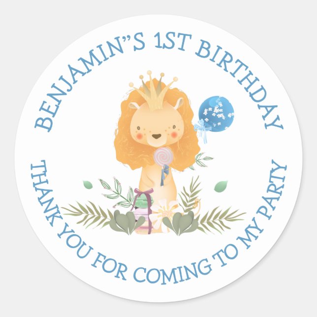 Cute Lion Name Thank you Boy 1st Birthday Classic Round Sticker (Front)