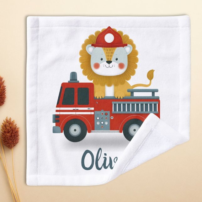 Cute Lion on a Fire Truck Personalised Wash Cloth (Creator Uploaded)