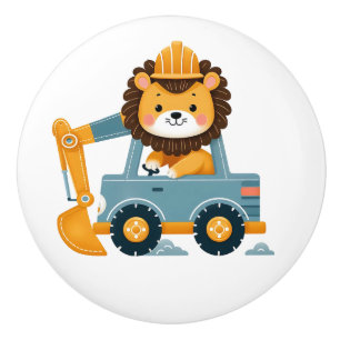 Cute Lion on Excavator Personalised Ceramic Knob