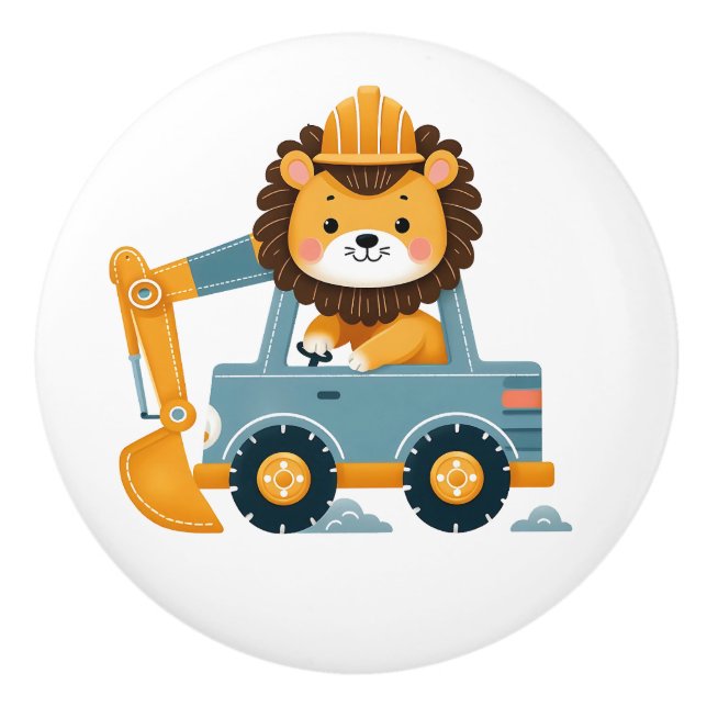 Cute Lion on Excavator Personalised Ceramic Knob (Front)