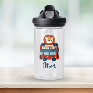 Cute Lion on London Double-deck Bus Water Bottle