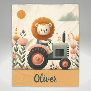 Cute Lion on Tractor Adventure Fleece Blanket