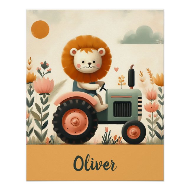 Cute Lion on Tractor Adventure Poster (Front)