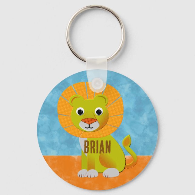 Cute Lion On Watercolor Background Custom Name Key Ring (Front)