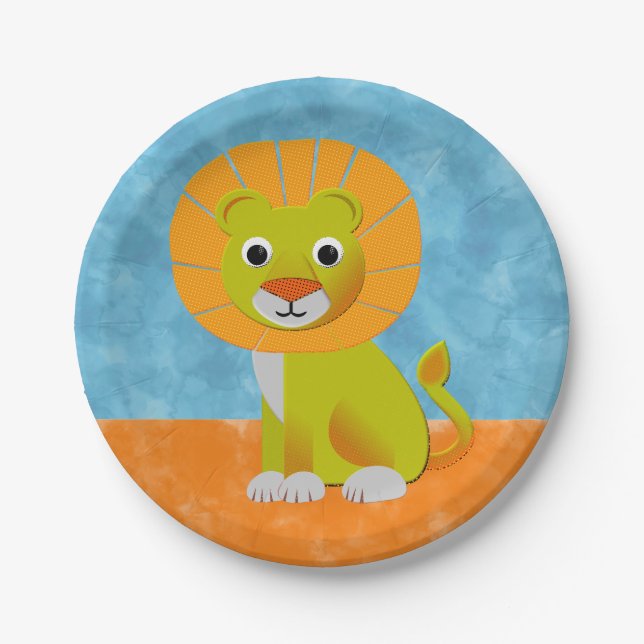Cute Lion On Watercolor Background Paper Plate (Front)