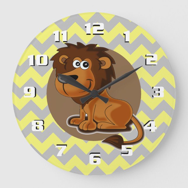 Cute Lion On Yellow and Grey Chevron Pattern Large Clock (Front)