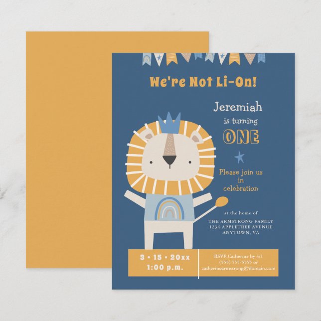 Cute Lion One Year Boy Birthday Party Invitation (Front/Back)