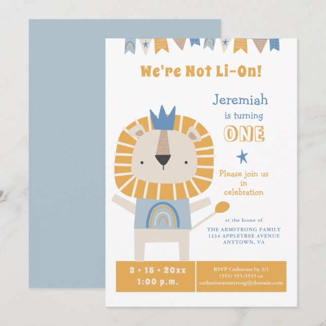 Cute Lion One Year Boy Birthday Party Invitation (Front/Back)