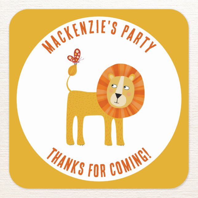 Cute Lion Personalised Thank You Square Sticker (Cute lion personalized custom name and text party thank you sticker)
