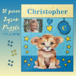 Cute lion photo name blue yellow kids jigsaw puzzle<br><div class="desc">30 piece jigsaw puzzle for kids.
Featuring a cute lion,  with stars and love hearts.
Add a name,  initial and a photo.
Colour scheme: blue and yellow
Children's gift idea.</div>