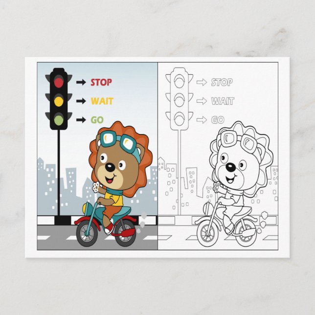 Cute Lion Riding Motorcycle Colouring Activity Postcard (Front)