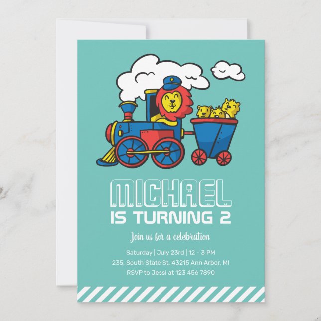 Cute Lion Riding Train Kids Boys Birthday Invitation (Front)