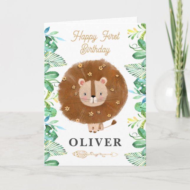 Cute Lion Safari Happy 1st Birthday Greeting Card (Front)