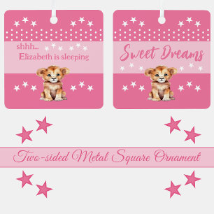 Cute lion shhh add name is sleeping pink metal tree decoration