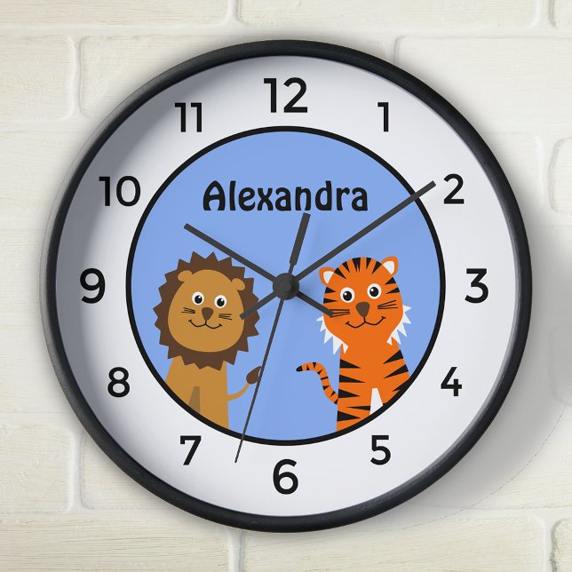 Cute lion tiger add name blue white kid's clock (Creator Uploaded)