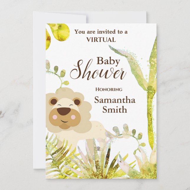 Cute Lion Tropical Floral Art Virtual Baby Shower  Invitation (Front)