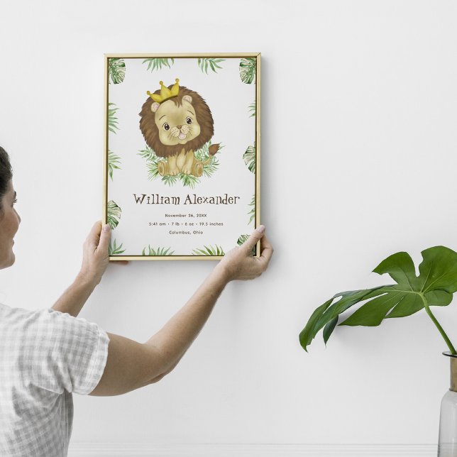 Cute Lion Watercolor Birth Stats Jungle greenery Poster (Creator Uploaded)