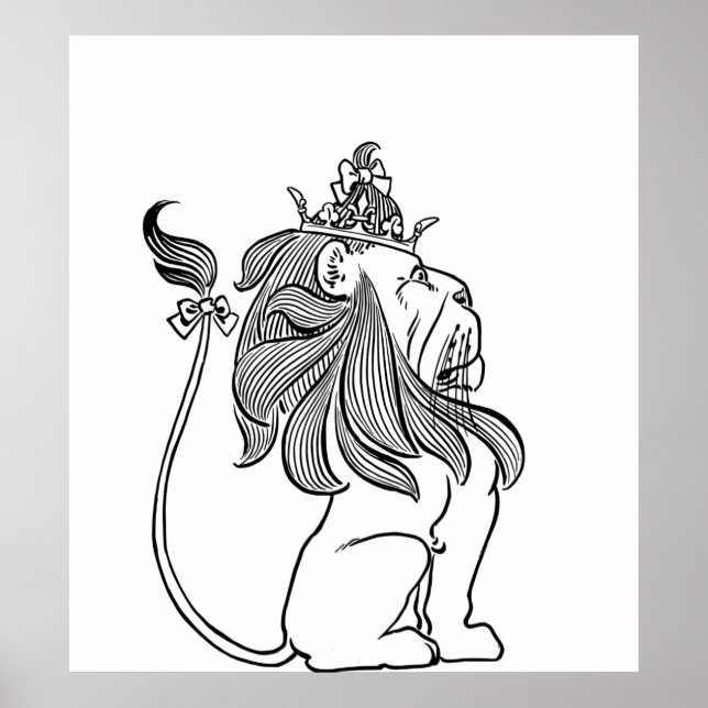 Cute Lion Wearing Crown Profile Line Drawing Poster (Front)
